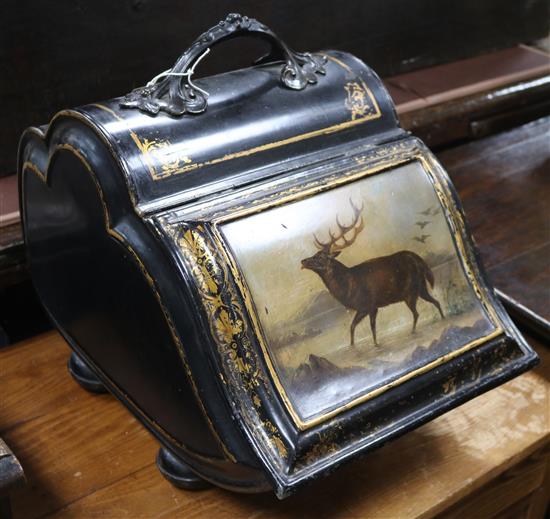 A Victorian toleware coal scuttle length 48cm